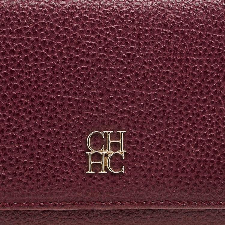 Pre Owned Carolina Herrera Burgundy Grained Leather Flap Continental Wallet