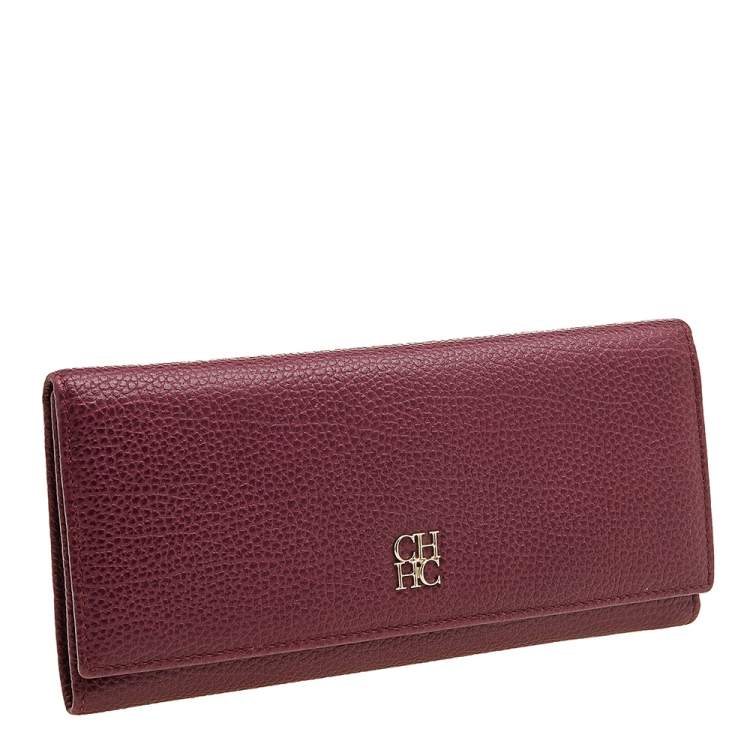 Pre Owned Carolina Herrera Burgundy Grained Leather Flap Continental Wallet