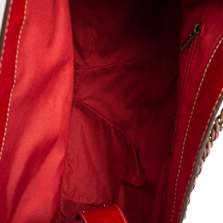 Pre Owned Carolina Herrera Red/Gold Monogram Leather Chain Tote