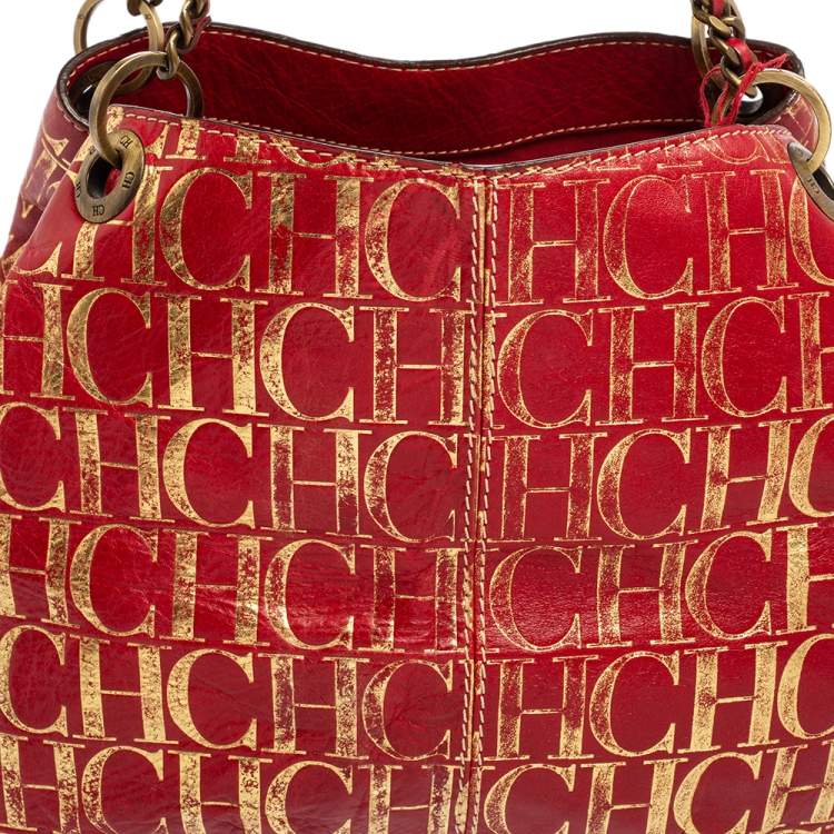 Pre Owned Carolina Herrera Red/Gold Monogram Leather Chain Tote