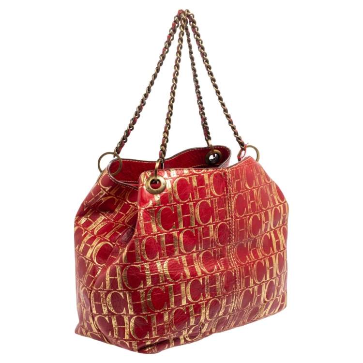 Pre Owned Carolina Herrera Red/Gold Monogram Leather Chain Tote