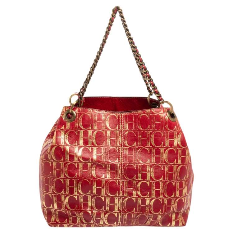 Pre Owned Carolina Herrera Red/Gold Monogram Leather Chain Tote