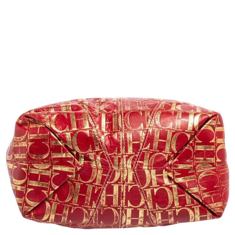 Pre Owned Carolina Herrera Red/Gold Monogram Leather Chain Tote