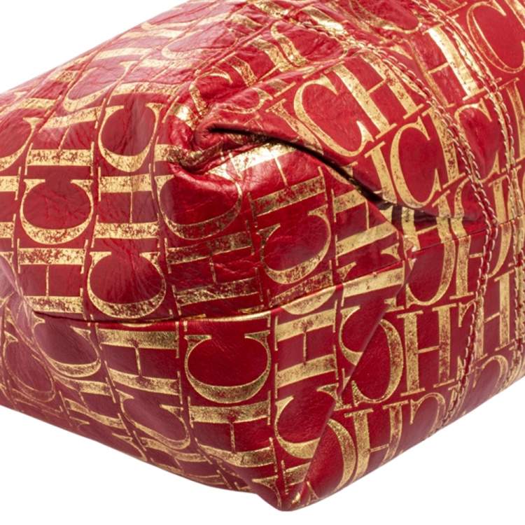 Pre Owned Carolina Herrera Red/Gold Monogram Leather Chain Tote