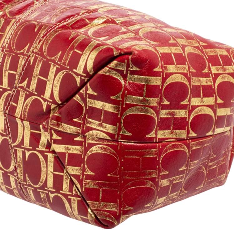 Pre Owned Carolina Herrera Red/Gold Monogram Leather Chain Tote