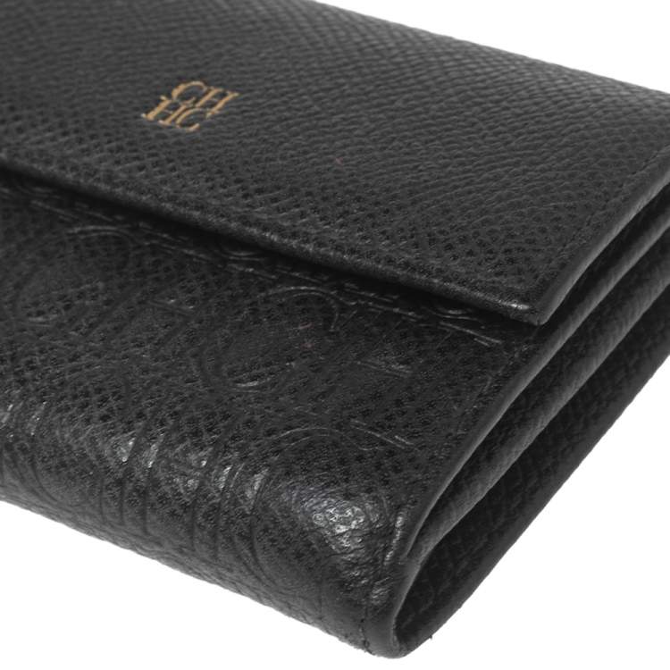 Pre Owned Carolina Herrera Black Monogram Embossed Leather French Compact Wallet
