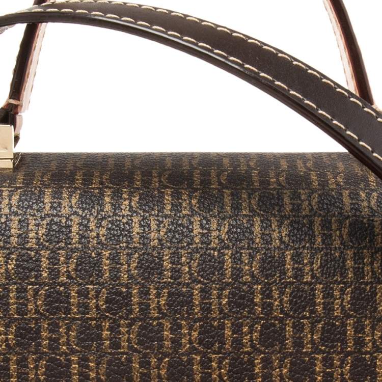 Pre Owned Carolina Herrera Brown Monogram Coated Canvas and Leather Top Handle Bag