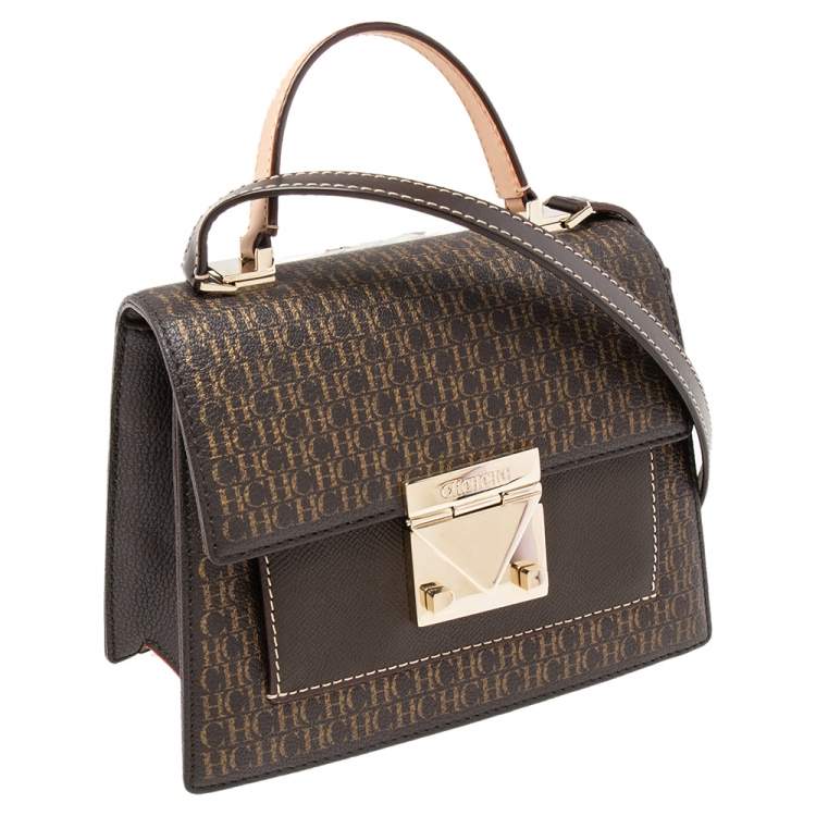 Pre Owned Carolina Herrera Brown Monogram Coated Canvas and Leather Top Handle Bag