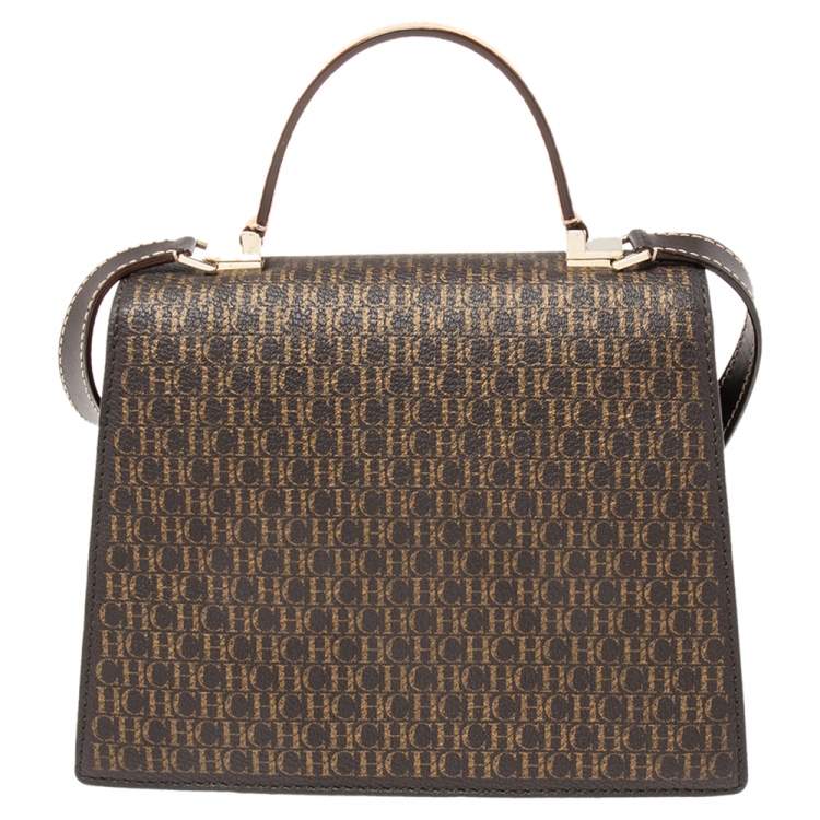 Pre Owned Carolina Herrera Brown Monogram Coated Canvas and Leather Top Handle Bag