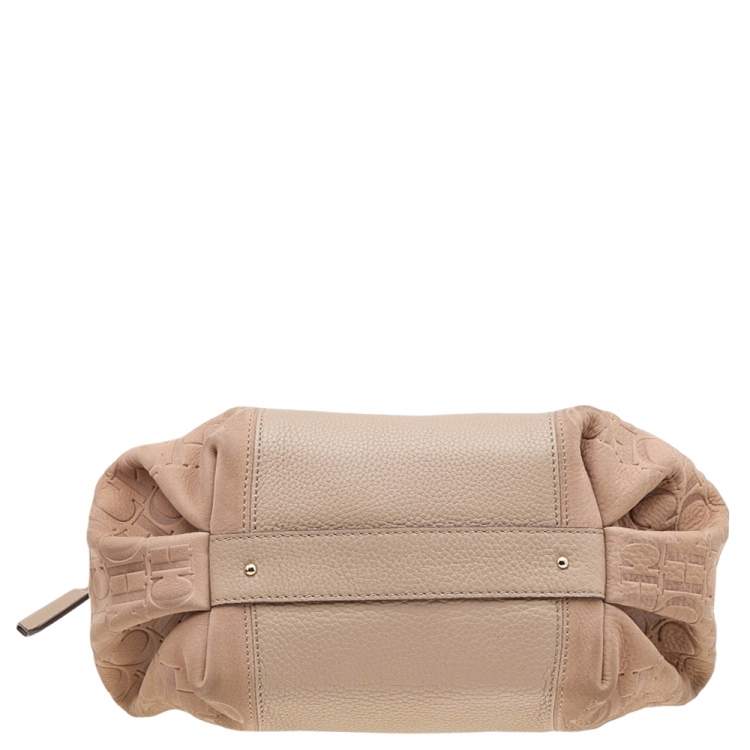 Pre Owned Carolina Herrera Beige Monogram Embossed Leather Chain Hobo