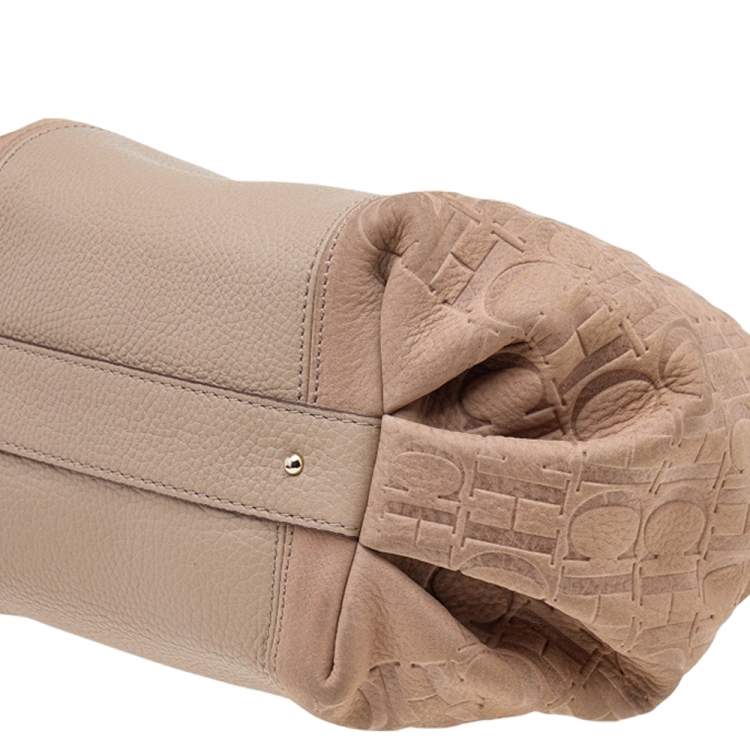 Pre Owned Carolina Herrera Beige Monogram Embossed Leather Chain Hobo