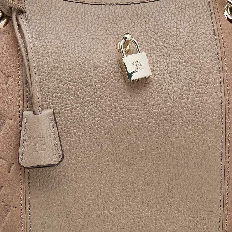 Pre Owned Carolina Herrera Beige Monogram Embossed Leather Chain Hobo