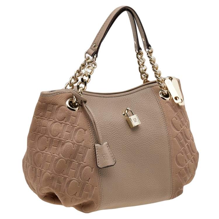 Pre Owned Carolina Herrera Beige Monogram Embossed Leather Chain Hobo