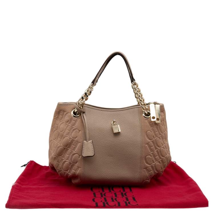 Pre Owned Carolina Herrera Beige Monogram Embossed Leather Chain Hobo