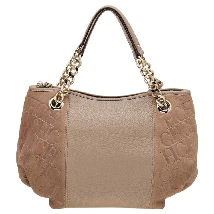 Pre Owned Carolina Herrera Beige Monogram Embossed Leather Chain Hobo