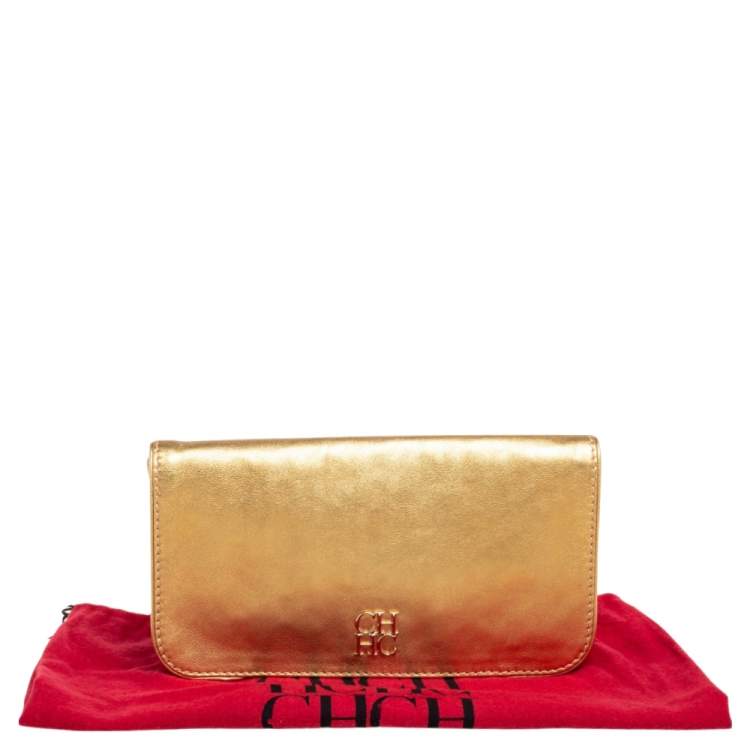 Pre Owned Carolina Herrera Metallic Gold Leather Logo Flap Clutch
