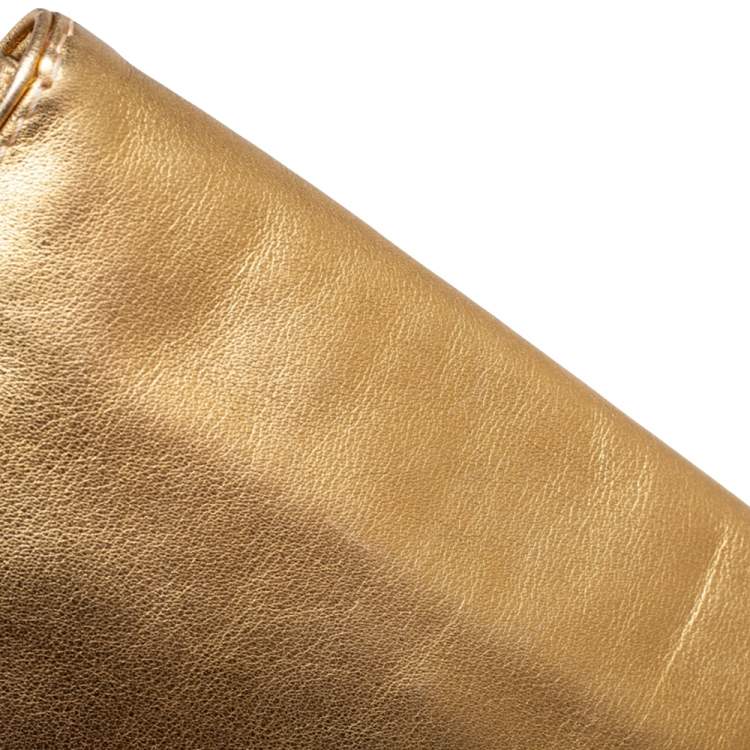 Pre Owned Carolina Herrera Metallic Gold Leather Logo Flap Clutch