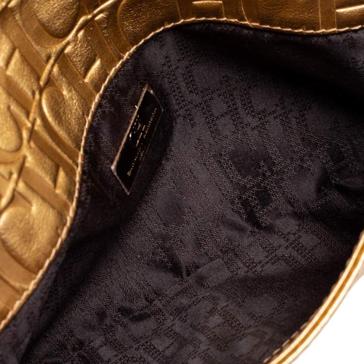 Pre Owned Carolina Herrera Metallic Gold Leather Logo Flap Clutch