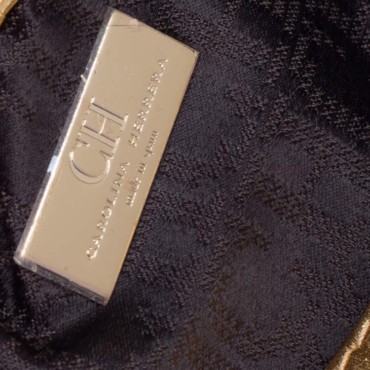 Pre Owned Carolina Herrera Metallic Gold Leather Logo Flap Clutch