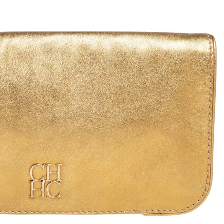 Pre Owned Carolina Herrera Metallic Gold Leather Logo Flap Clutch