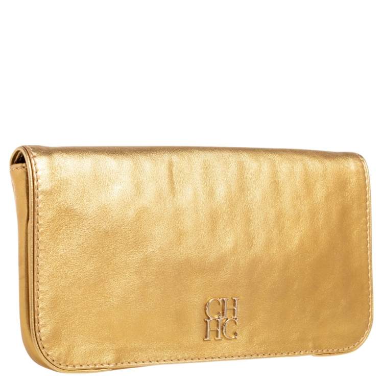 Pre Owned Carolina Herrera Metallic Gold Leather Logo Flap Clutch