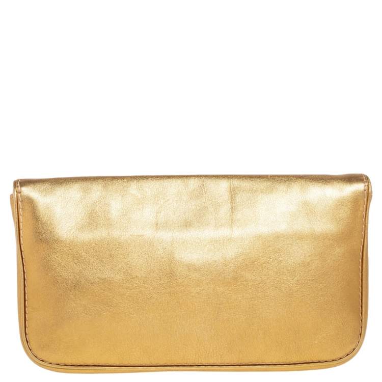 Pre Owned Carolina Herrera Metallic Gold Leather Logo Flap Clutch