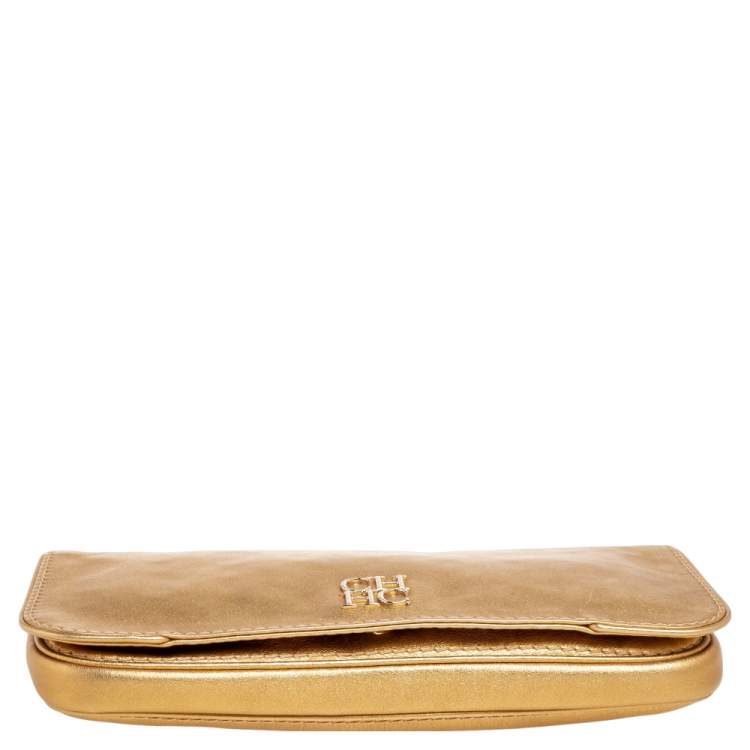 Pre Owned Carolina Herrera Metallic Gold Leather Logo Flap Clutch