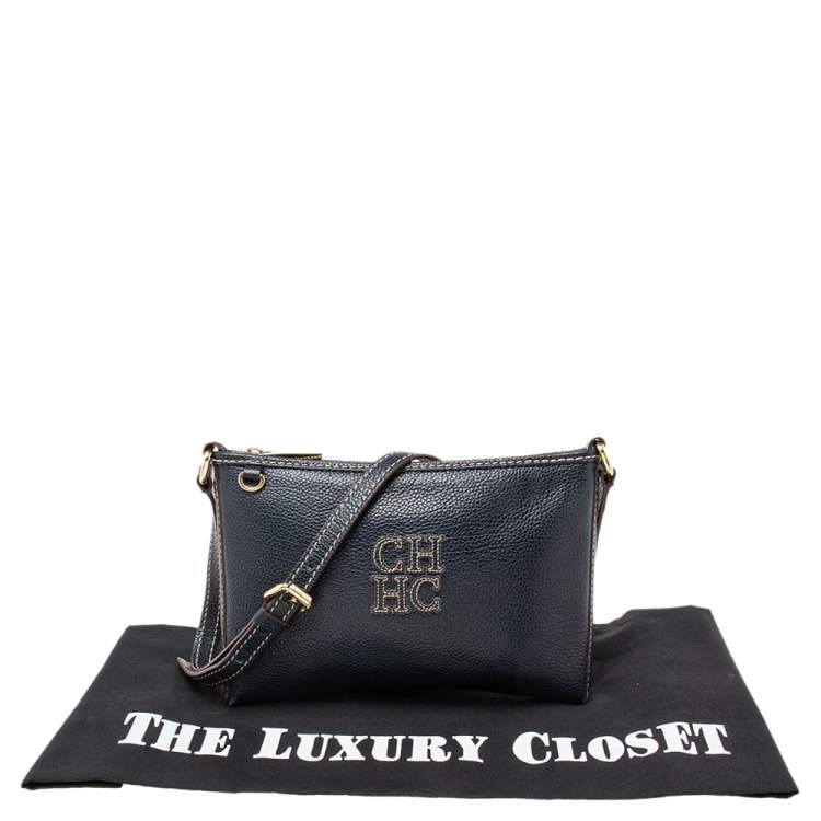 مملوكة مسبقًا Carolina Herrera Navy Blue Leather Logo Crossbody Bag