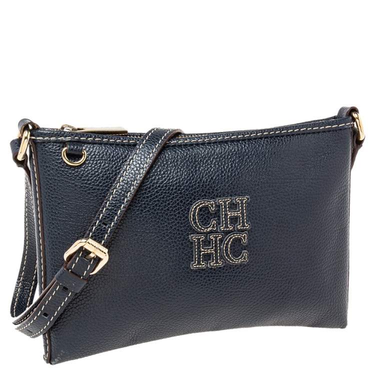 مملوكة مسبقًا Carolina Herrera Navy Blue Leather Logo Crossbody Bag