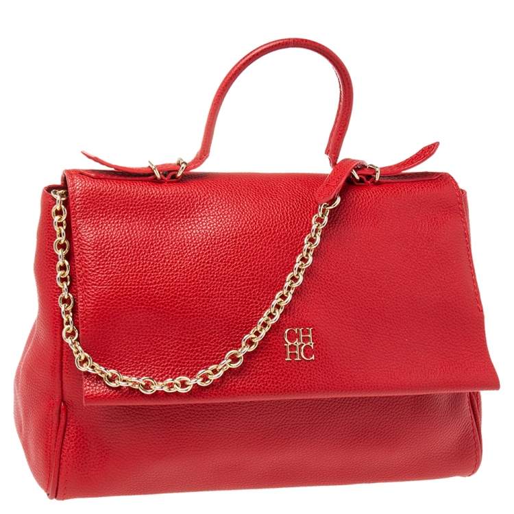 Pre Owned Carolina Herrera Red Leather Minuetto Flap Top Handle Bag