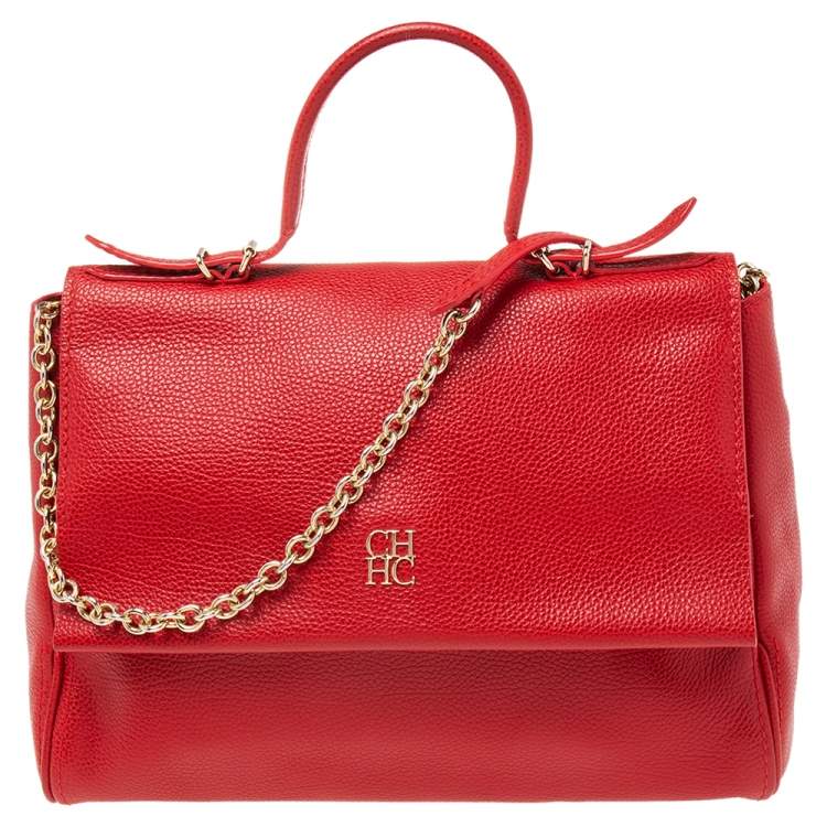 Pre Owned Carolina Herrera Red Leather Minuetto Flap Top Handle Bag