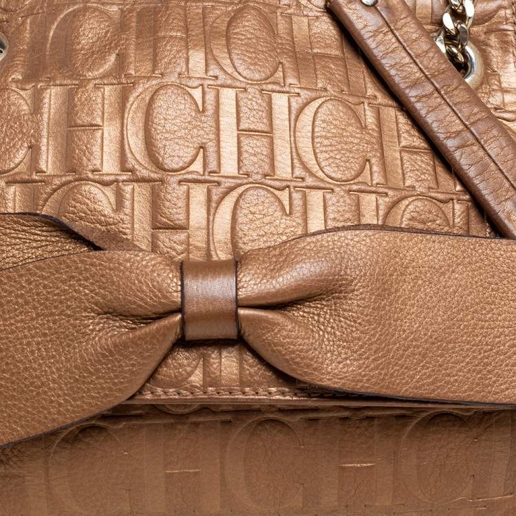Pre Owned Carolina Herrera Metallic Gold Monogram Embossed Leather Bow Flap Shoulder Bag
