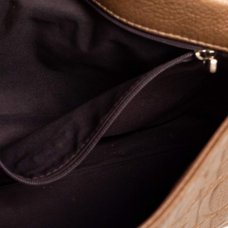 Pre Owned Carolina Herrera Metallic Gold Monogram Embossed Leather Bow Flap Shoulder Bag