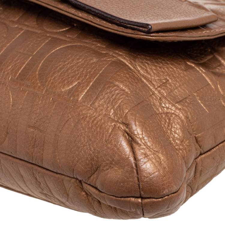 Pre Owned Carolina Herrera Metallic Gold Monogram Embossed Leather Bow Flap Shoulder Bag