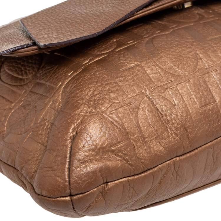 Pre Owned Carolina Herrera Metallic Gold Monogram Embossed Leather Bow Flap Shoulder Bag