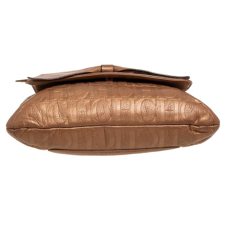 Pre Owned Carolina Herrera Metallic Gold Monogram Embossed Leather Bow Flap Shoulder Bag