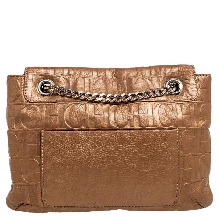 Pre Owned Carolina Herrera Metallic Gold Monogram Embossed Leather Bow Flap Shoulder Bag