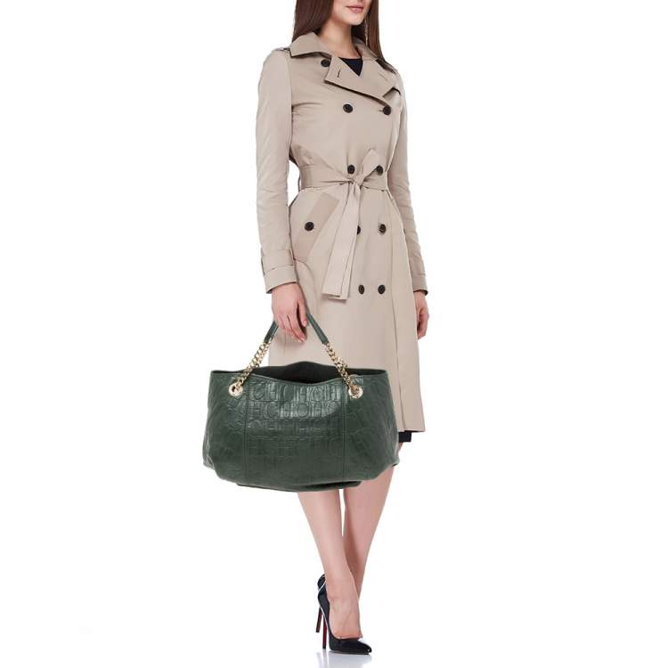 Pre Owned Carolina Herrera Green Monogram Embossed Leather Chain Handle Tote