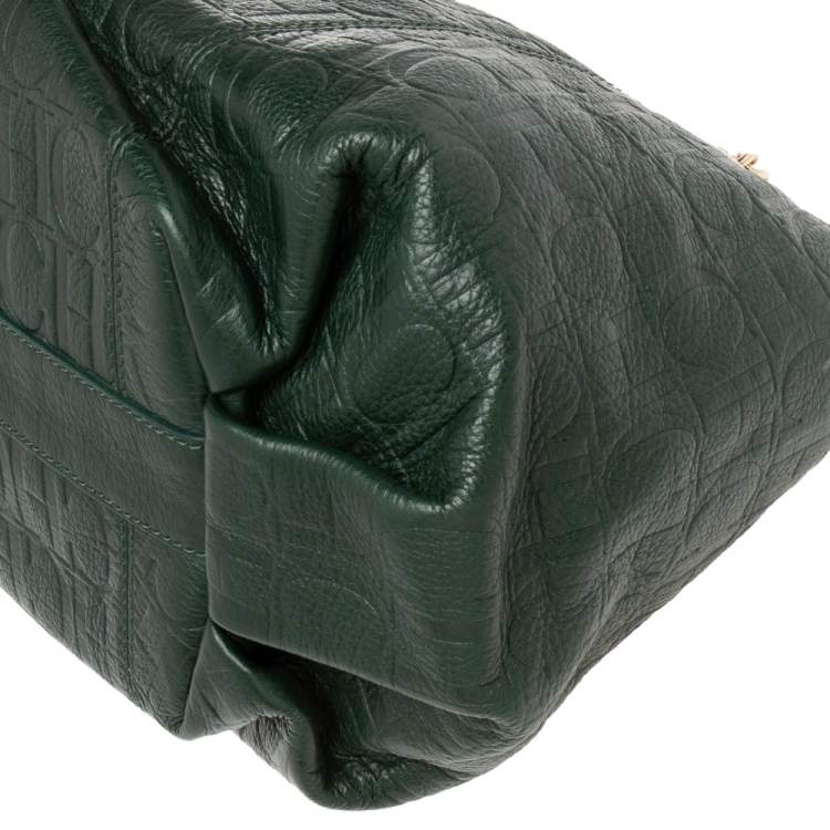 Pre Owned Carolina Herrera Green Monogram Embossed Leather Chain Handle Tote