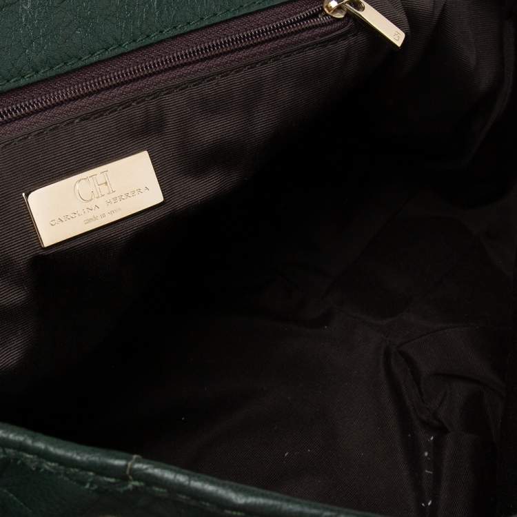 Pre Owned Carolina Herrera Green Monogram Embossed Leather Chain Handle Tote