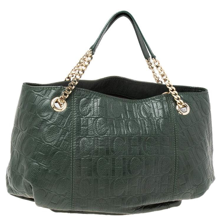Pre Owned Carolina Herrera Green Monogram Embossed Leather Chain Handle Tote