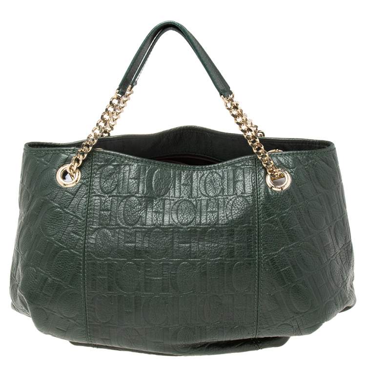 Pre Owned Carolina Herrera Green Monogram Embossed Leather Chain Handle Tote