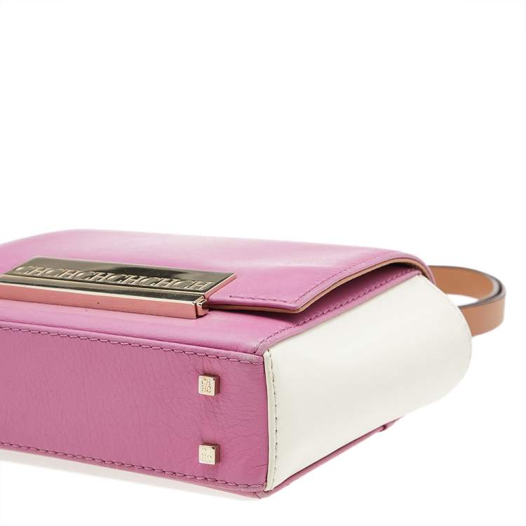 Pre Owned Carolina Herrera Pink/Off White Leather Flap Shoulder Bag