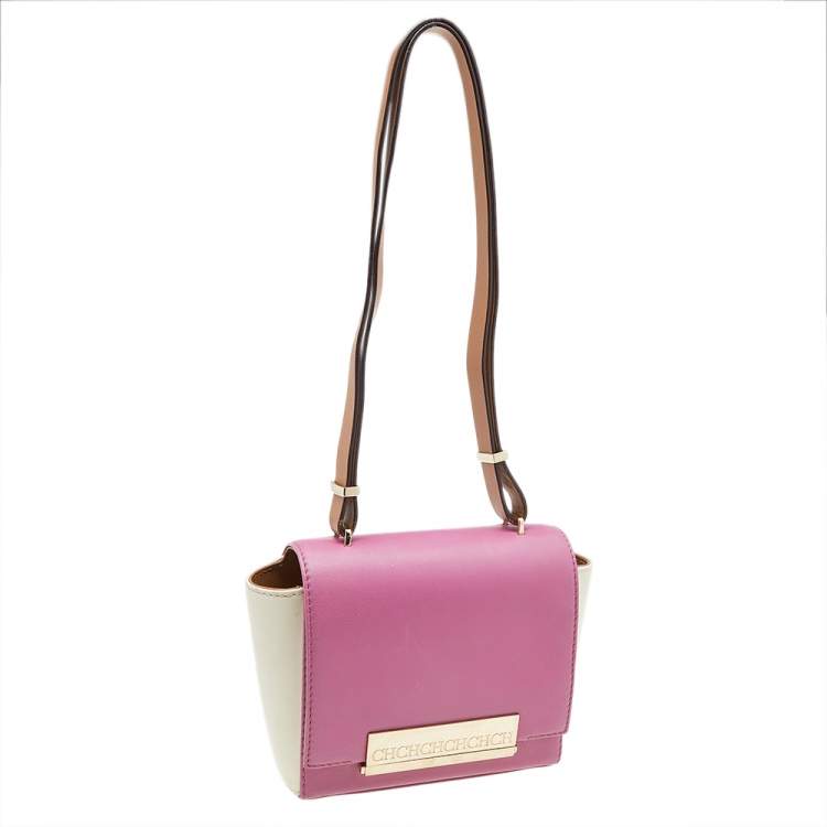 Pre Owned Carolina Herrera Pink/Off White Leather Flap Shoulder Bag