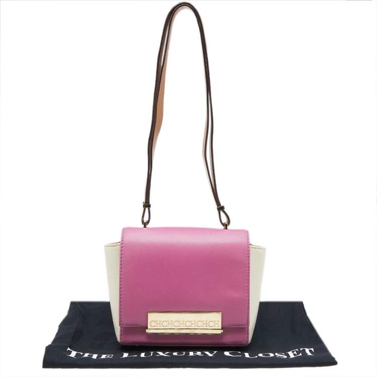 Pre Owned Carolina Herrera Pink/Off White Leather Flap Shoulder Bag