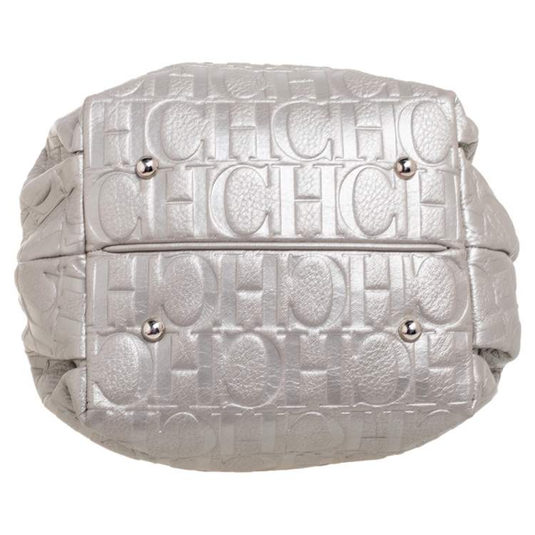 Pre Owned Carolina Herrera Metallic Silver Embossed Leather Bow Bucket Bag