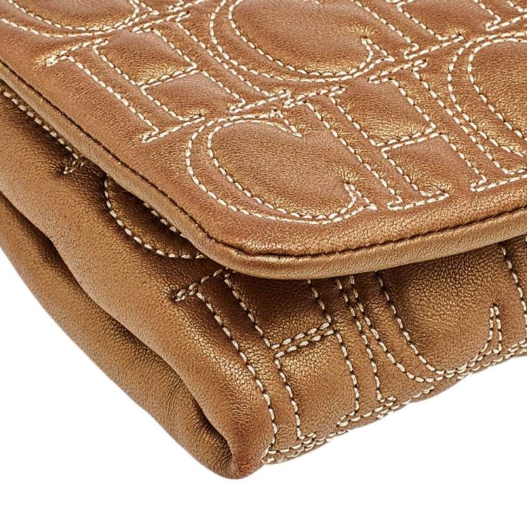 Pre Owned Carolina Herrera Metallic Gold Quilted Monogram Leather Clutch
