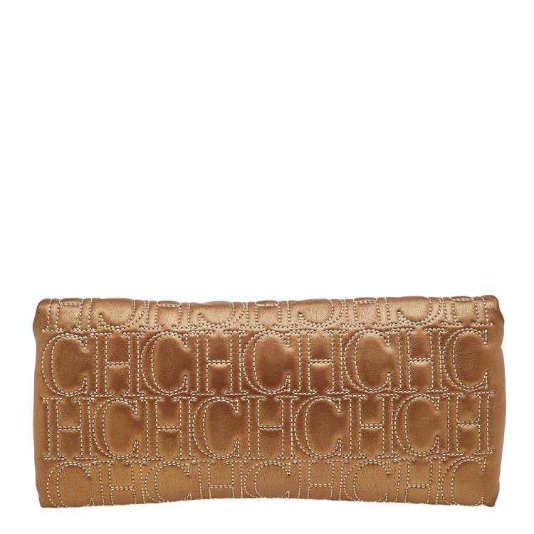 Pre Owned Carolina Herrera Metallic Gold Quilted Monogram Leather Clutch