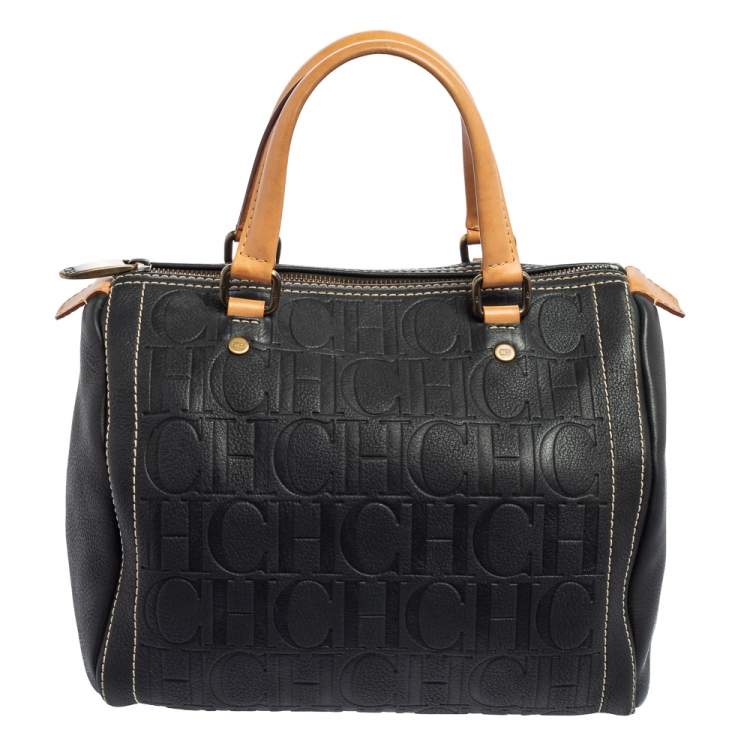 مملوكة مسبقًا Carolina Herrera Black Monogram Embossed Leather Andy Boston Bag