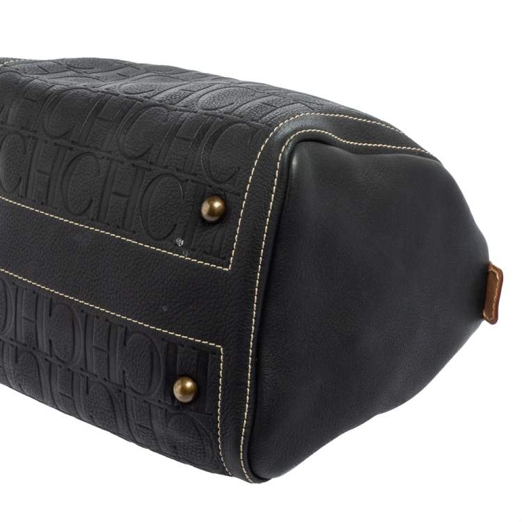 مملوكة مسبقًا Carolina Herrera Black Monogram Embossed Leather Andy Boston Bag